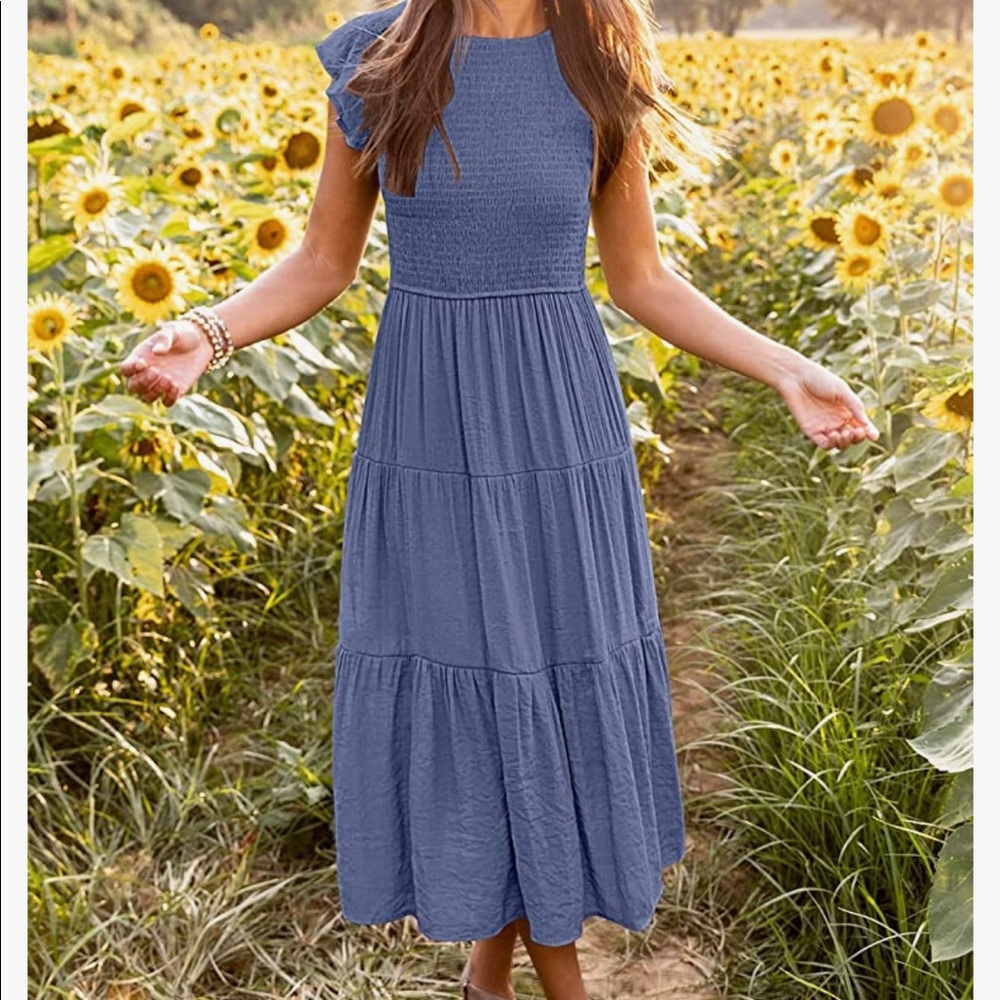 NWT Flutter Short Sleeve Smocked Midi Dress Summer Casual Tiered A-Line Dress